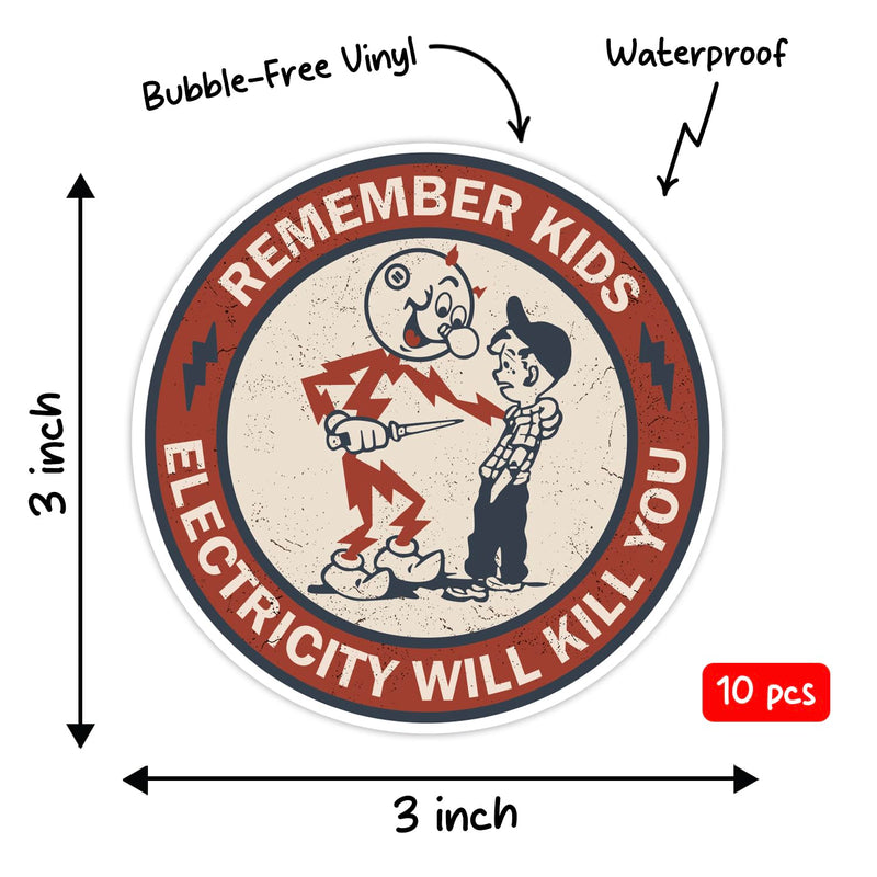 GRITKULTURE Remember Kids Electricity Will Kill You Decal Stickers 10 Pack 2.95 Inch Safety Warning for Hard Hat, Blue Collar, Car, Truck, Window, Reddy Kilowatt, Outlets