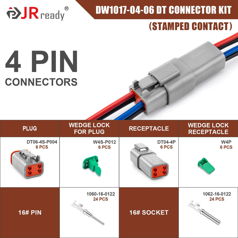 JRready DW1017 4 Pin Deutsch DT Connector Kit, IP68 Waterproof Gray DT Connectors Electrical Automative Wire Connectors with 24Pairs Size 16 Stamped Contacts 16-18 AWG, for Car Truck Boat, 6 Sets 4 pin 6 sets