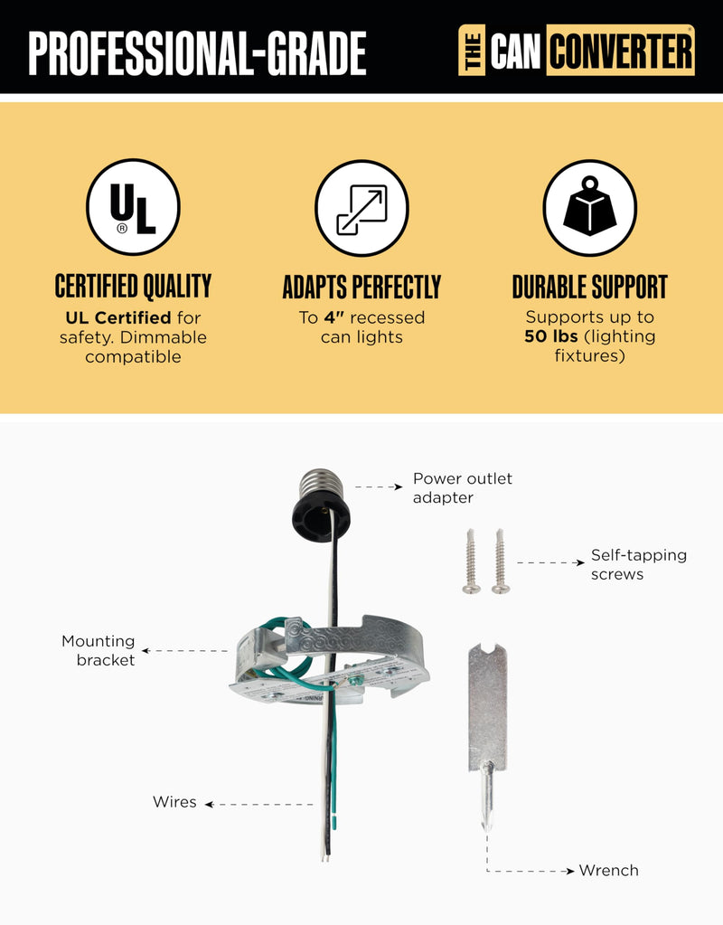 The Can Converter R4 Recessed Can Light Conversion Kit - Home Improvement for 4" Cans, Hardware Converter for Flush Mount Light, Hanging Pendant, & Light Fixture, up to 50 lb Capacity, UL Certified