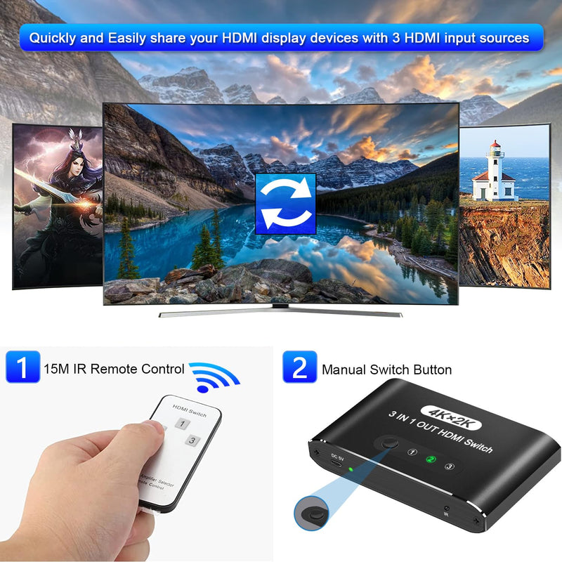 HDMI Switch 3 in 1 Out, 4K@60Hz HDMI Selector with Remote Control, 3 Ports HDMI Switcher, Perfect for Full HD 4K 1080P 3D Video Roku Fire TV Blu-ray Players Stick Apple PS4/PS5 Xbox Chromecast (black) Black