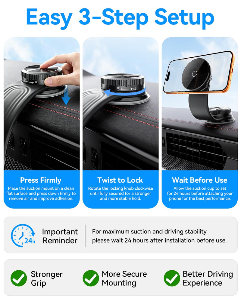 15W Magnetic Wireless Car Charger Mount, Flexible Bendable Aluminum Arm [360° Adjustable], Upgraded Adhesive Suction Cup Base, Dashboard Windshield Fast Charging Phone Holder for iPhone 17 Wireless Charging Holder