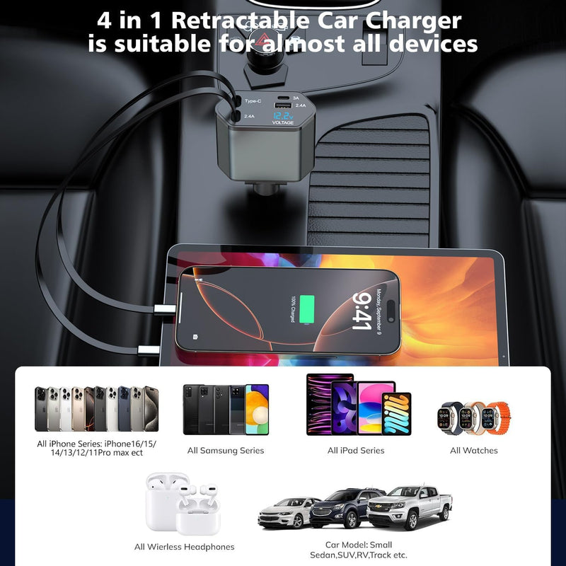 66W 4 in 1 Retractable Car Charger,2Pack Car Charger USB Fast Charge with Dual Retractable USB C Cable and Lightning Cable,USB C Port and USB A Port Charging Compatible with iPhone 17/16/15/14/13/12