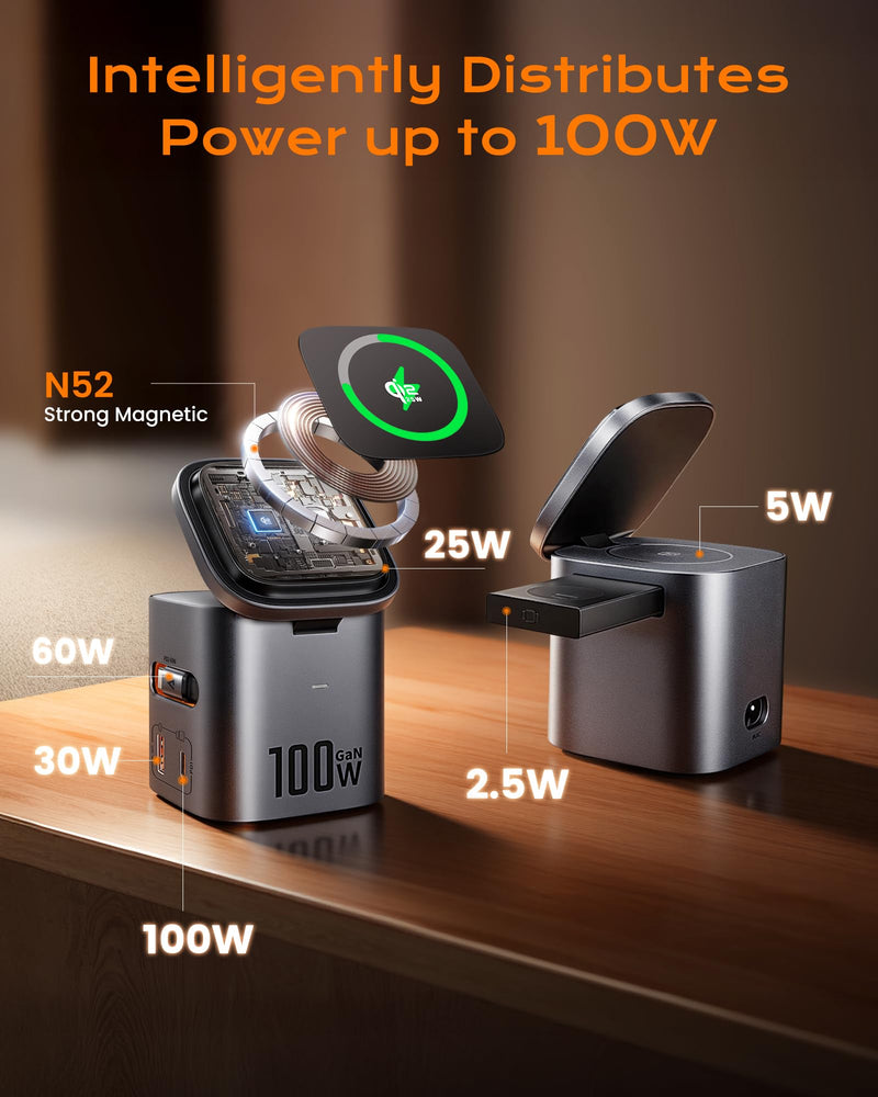 6-in-1 100W GaN Charging Station & 25W Qi2 Magnetic Stand for Apple/Samsung | With retractable USB-C cable. 25W magnetic Magsafe charge for iPhone 12-17 Pro Max/Air, Apple Watch, AirPods & Galaxy Watch Grey