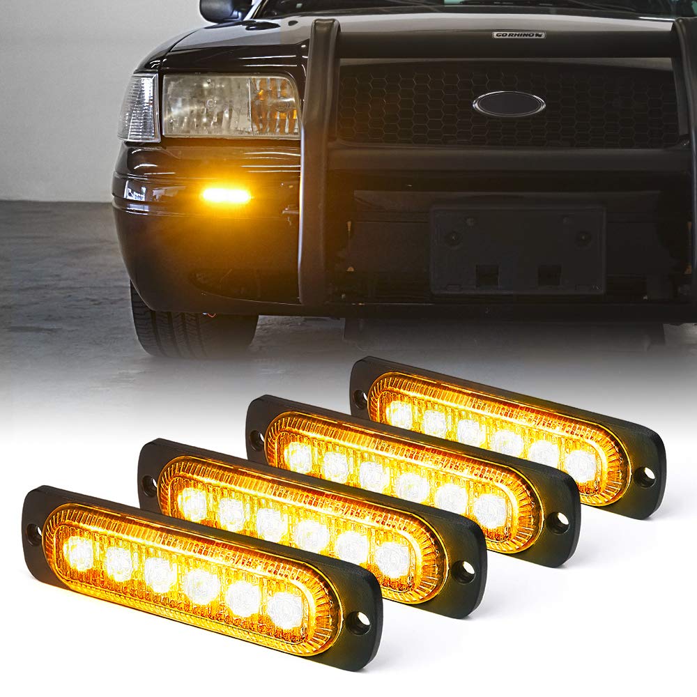 Xprite 4pcs LED Emergency Strobe Lights, Amber 6- LED Surface Mount Flashing Strobe Lights, Sync Feature Ultra Slim Grill Lights for Off-Road Vehicles ATV SUV Trucks Cars Amber-4