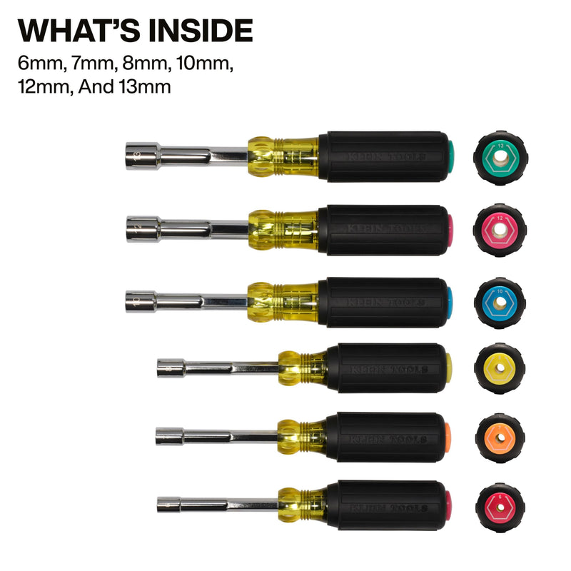 Klein Tools 65456M Metric Color-Coded Hollow-Shaft Nut Driver Set, 6-Piece, Heavy-Duty, Color-Coded Hex Sizes 6mm to 13mm, Cushion-Grip Handles, 6-Piece 6-Piece Set
