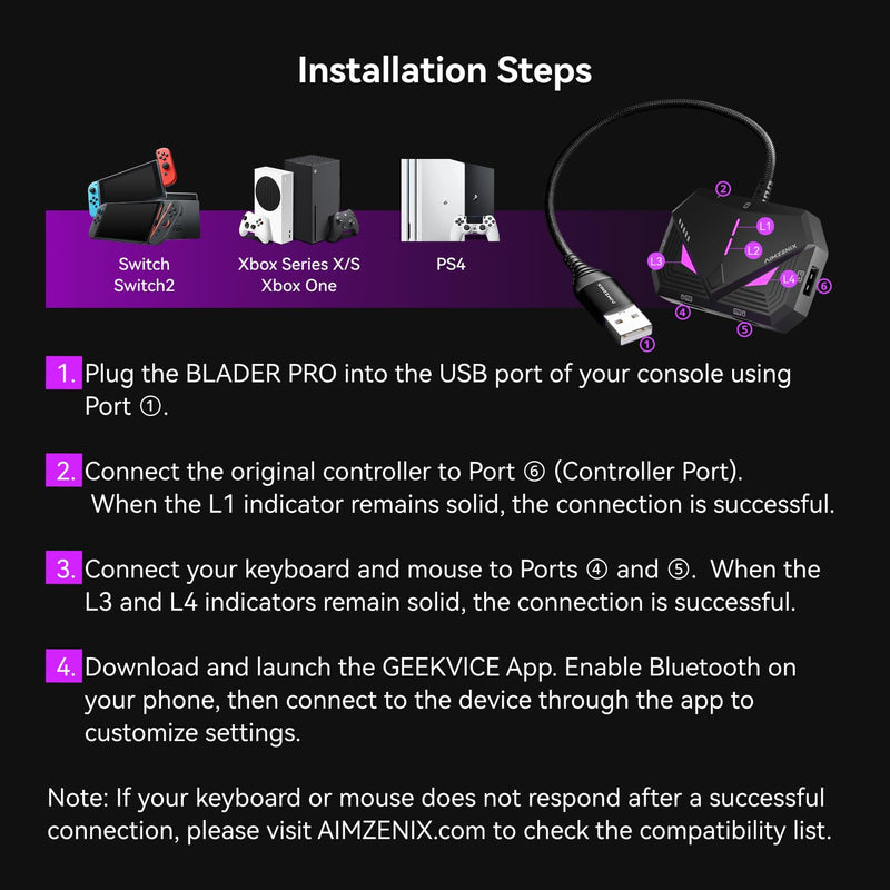 Keyboard Mouse Adapter for Xbox One, Xbox Series X/S, Switch 2, Switch, PS4, Blader Pro - Console MnK Converter with App Control, Built-in USB Cable, 1000Hz Polling Rate