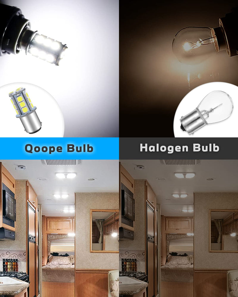 Qoope 6-Pack 1076 LED Bulb for RV, 1142 1004 BA15D White Light Bulb Replacement for 12V Camper Trailer Motorhome Boat Interior Light, 5050 18SMD Double Contact Bayonet,#90 Yard Landscape Bulb 6Pack