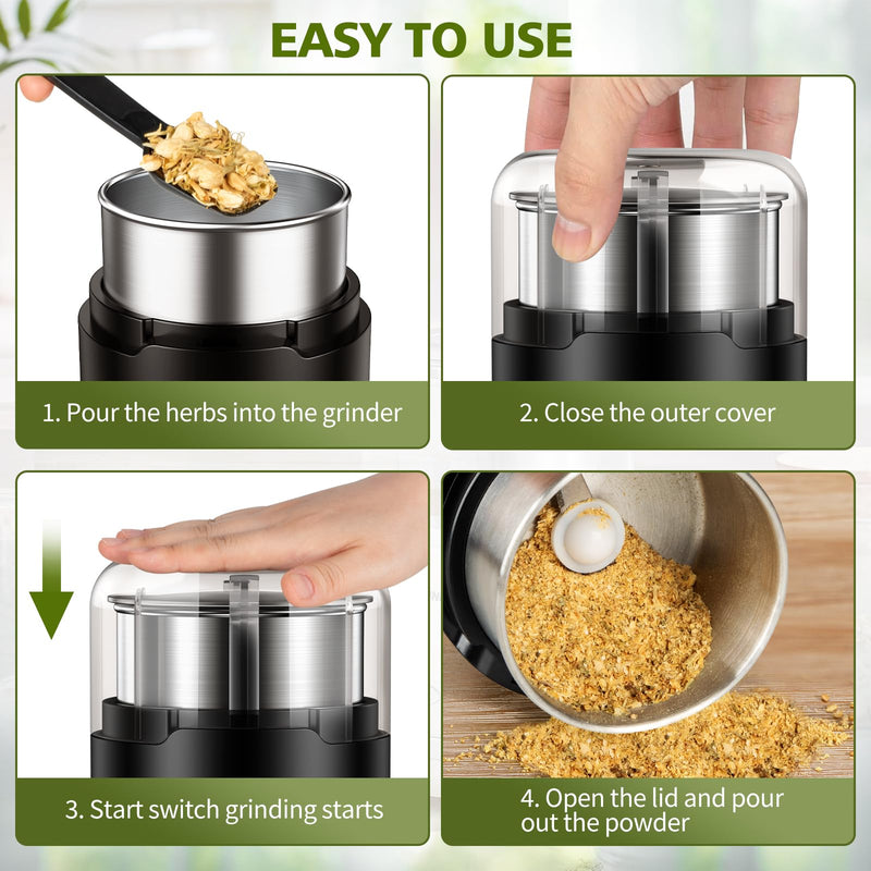 Herb Grinder, Spice Grinder, Coffee grinder, 150 w Electric Herb Grinder with Stainless Steel Blade and Cleaning Brush, Compact Size Electric Grinder for Herb Spices Coffee Nuts Seeds,etc.