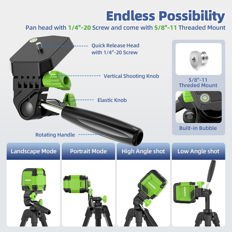 Huepar 60-Inch Lightweight Tripod Portable Adjustable Tripod for Laser Level with 3-Way Swivel Pan Head, 2 Bubble Levels, 1/4" and 5/8" Thread Mount for Varieties Tools, Only for Indoor Basic Work