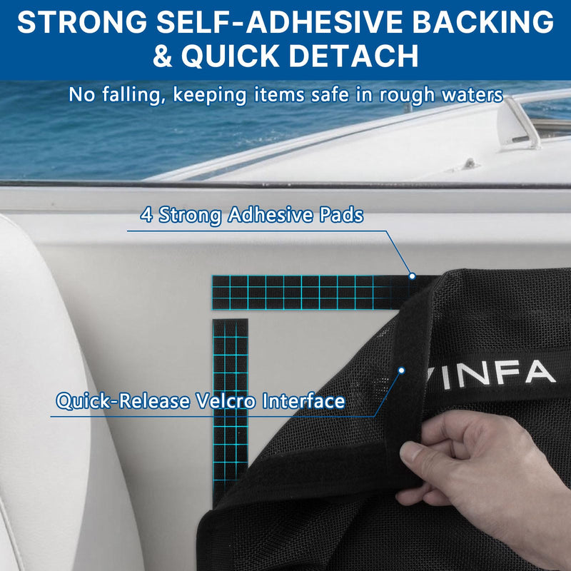 Boat Storage Mesh Bag, 13.7x10.63 Self-Adhesive Organizer with Secure Lid, 4 Heavy Duty Hook Pads and Velcro Back, Breathable Net Pockets for Boat Cabin Accessories, RVs and Home(1 PCS) Black-1 PCS