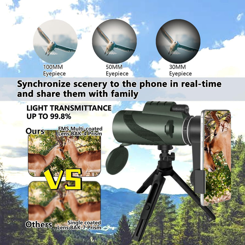 Monocular-Telescope 80x100 High Powered Monoculars High Definition for Adults High Powered with Smartphone Adapter Telescope Hunting Wildlife Bird Watching Travel Camping Hiking-Green green