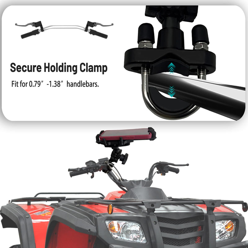 QYMOTO ATV Phone Holder,4 Wheeler Anti Vibration Heavy Duty Handlebar Mount 360 Cellphone Holder Clamp Compatiable with CFMOTO Cforce,Polaris Sportsman,Can am Outlander,Motorcycle,Scooter