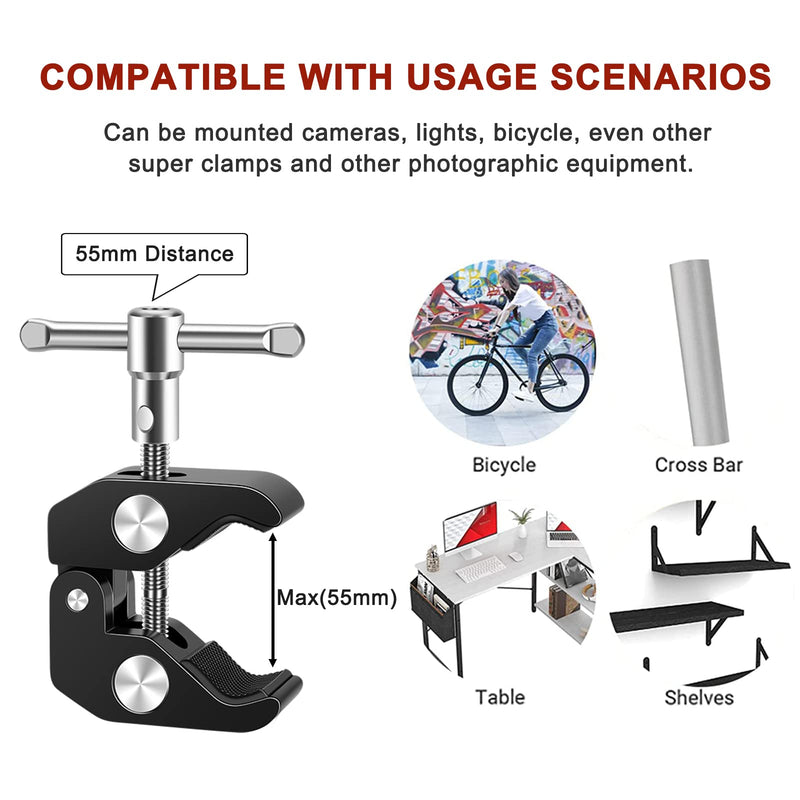 Super Clamp Camera Mount with Double Ball Head Adapter - Compatible with Canon Nikon DSLR, Gopro, LED Lights, Ronin-M/MX, Freefly MOVI - 360° Rotation - 1/4"-20 & 3/8"-16 Threaded Holes
