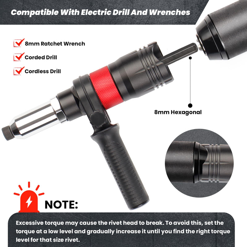 YUZES Rivet Gun Kit Adapter for Cordless Drills and 8mm Ratchet Wrench, Rivet Tool with (3/32", 1/8", 5/32", 3/16", 1/4") Interchangeable Rivet Heads and 5 Twist Drill, Easy Processing for Pop Rivet