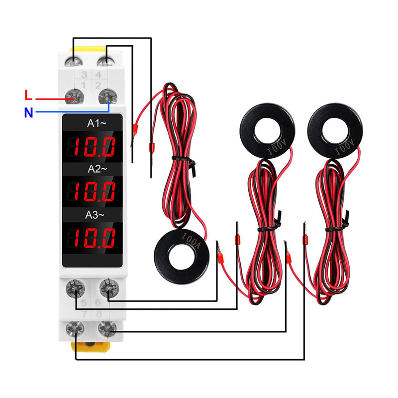 3 Phase DIN Rail Ammeter, LED Digital Display DIN Rail Amp Meter, Amp Meter with 3 Sensors AC80‑500V 1‑100A, Display Measurement Trends