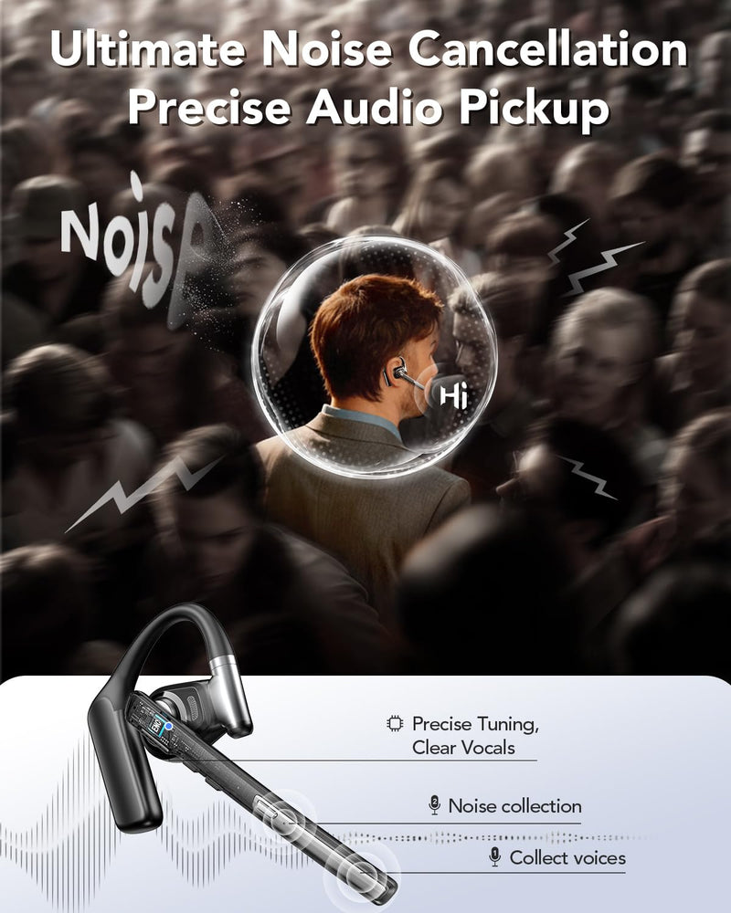 Bluetooth 6.0 Open-Ear Headset with Noise-Canceling Microphone | 96-Hour Talk Time, 950mAh Charging Case and Mute Button for Truckers, Work, iOS, Android and Laptops Black