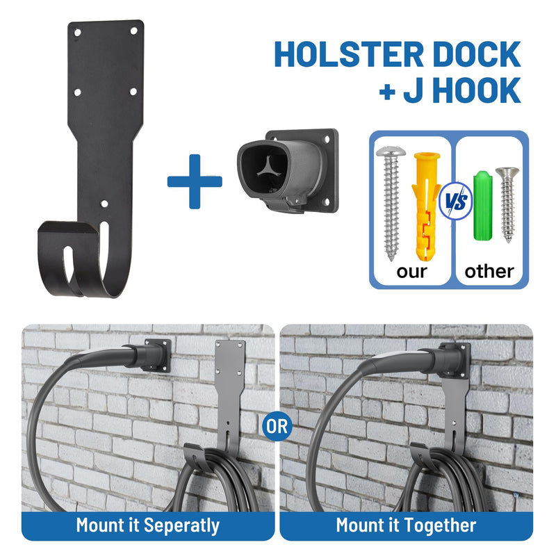 MECMO for Tesla Charger Holder - Wall Mount Dock & J-Hook for Model 3/Y/X/S, Heavy Duty Steel EV Charging Cord Hanger Compatible with NACS Connector
