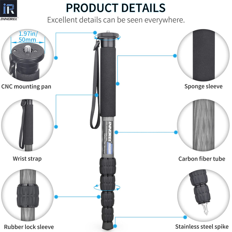 Carbon Fiber Camera Monopod INNOREL RM285C Professional Portable Compact Lightweight Travel 5-Section Monopod for Canon Nikon Sony DSLR Camera Video Camcorder DV Photography Bracket Load 22lbs/10kg 29.0mm max tube