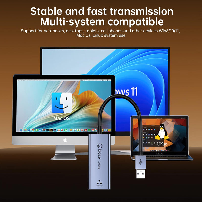 USB to Ethernet Adapter, USB to RJ45 LAN Converter, 100Mbps Fast Wired Network Adapter for Laptop, PC, macOS, Windows, Linux - Compact Aluminum Shell, Plug & Play