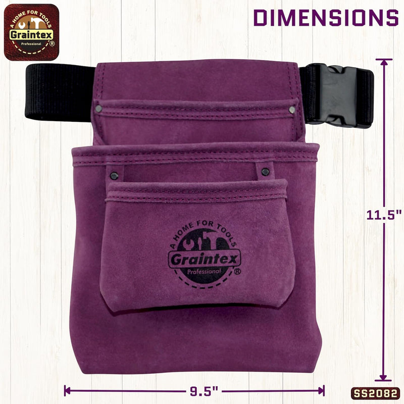 Graintex SS2082 3 Pocket Nail & Tool Pouch Purple Color Suede Leather with 2” Webbing Belt for Constructors, Electricians, Plumbers, Handymen