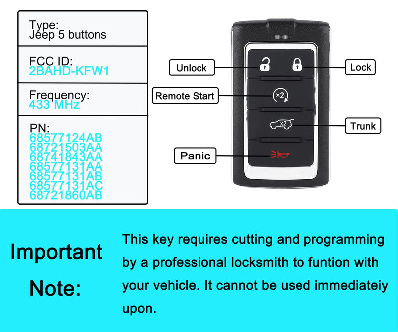 Smart Key Fob for Jeep Grand Cherokee/Jeep Grand Wagoneer 2024-2026 | YIKEBALOG 5-Buttons Proximity Key Fob Replacement for Jeep Grand Cherokee Jeep Grand Wagoneer/Wagoneer 2024-2026 2BAHD-KFW1