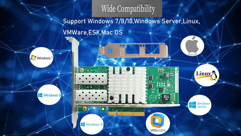 10Gb Network Card Dual SFP+ Ports PCIEx8 Ethernet Converged Server Compatible Intel X520-DA2 82599ES Chip Support Windows 7/8/10/11/Visa,Server/Linux/VMware X520-2*SFP+ Port
