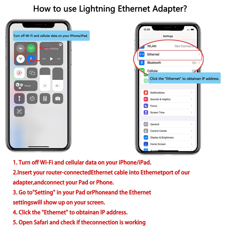 MFi Certified Ethernet Adapter Compatible with Lightning to RJ45 Ethernet LAN Network Adapter for i-Phone14/ 13/12/11/i-Pad/i-Pod, Plug and Play, Supports 100Mbps (Non-PoE) 7.8IN White