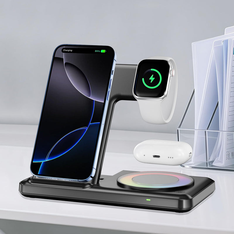 Wireless Charging Station with RGB Light for iPhone 17 16 15 14 Pro Max 13 12, Travel 3 in 1 Wireless Charger Stand for Apple Multiple Devices, iWatch 11 10 9 8 7 6 5 4 3 2, Airpods 4 3 Pro White