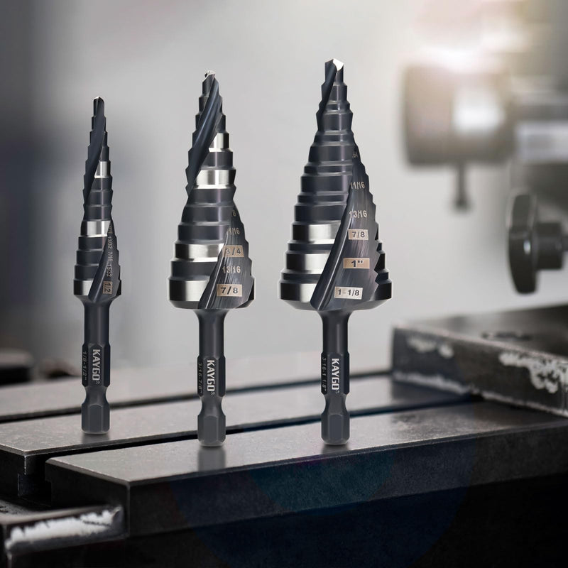 KAYGO M35 Step Drill Bit,3/16 to 1-1/8 inch Unibit Step Bit with Double Sprial Flute,1/4 -inch Hex Shank Drill Bit for Metal,Stainless Steel, Aluminum,Copper,Wood,PVC 3/16"- 1-1/8"