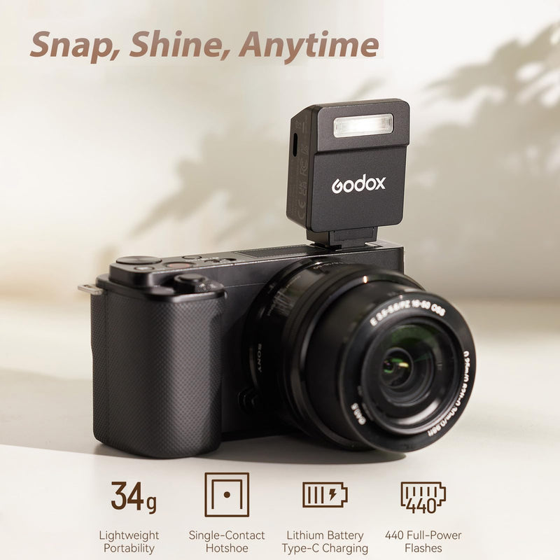 Godox iM22 Mini Camera Flash On-Camera Flash Speedlite 5 Power Levels 3s Recycle Time 440 Full Power Flashes with Type-C Charging Battery Replacement for Canon Nikon Sony Mirrorless Cameras