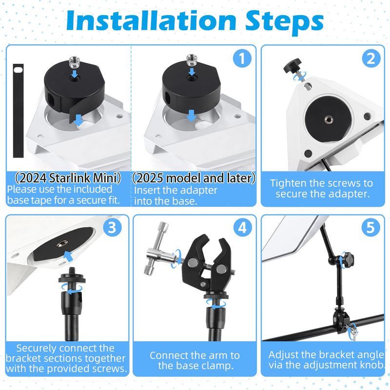 2024-2026 Starlink Mini Clamp Mount RV Adjustable Arm & Pipe Adapter