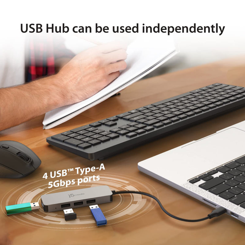 j5create Portable Aluminum Laptop Stand with USB 4-Port Hub, Foldable and Adjustable Notebook Riser with 4 USB-A Ports for MacBook, Laptop, and Tablet up to 16" (JTS223)