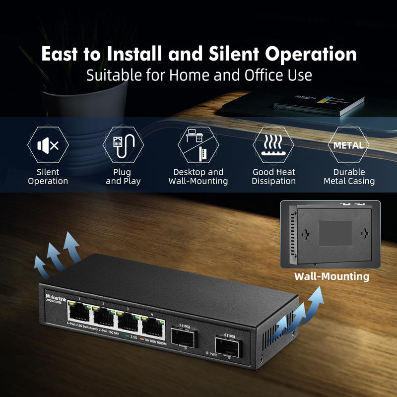 MokerLink 4 Port 2.5G Ethernet Switch with 2x10G SFP, 4 x 2.5G Base-T Ports Compatible with 10/100/1000Mbps, Metal Unmanaged Fanless Network Switch 4*2.5G,2*10G SFP