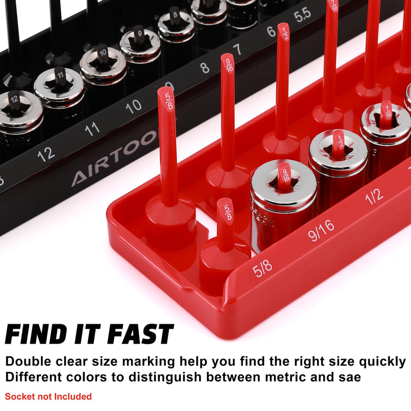 AIRTOON 1/4-Inch Drive Socket Organizer Trays, 2-Piece SAE and Metric Socket Tray Set, Deep and Standard Socket Holders Organizers for Toolbox, Black & Red 1/4-Inch Drive SAE and METRIC