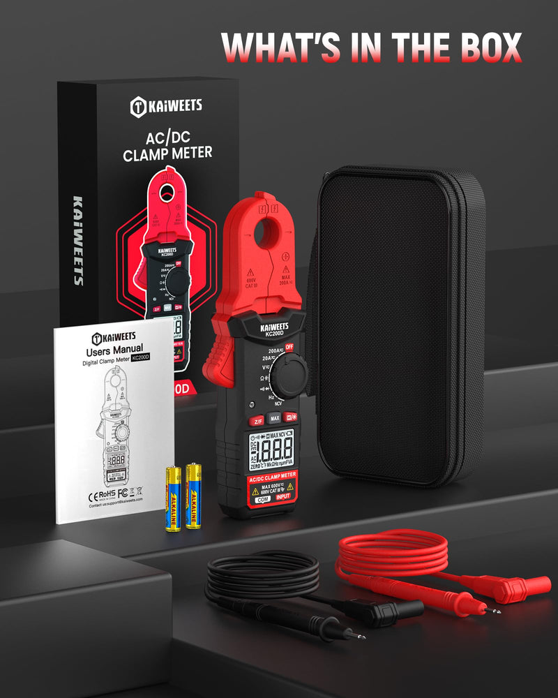 KAIWEETS Digital Clamp Meter with Round Jaw, Automotive Multimeter, NCV, 2000 Counts, Amp Voltmeter, Accuratly Measure AC/DC Current & Volatge, Resistance, Diode, Capacitance, Continuity, Frequency Red