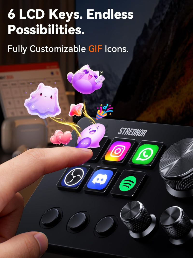 Streonor S6 Mini Stream Controller, Macro Keypad Shortcut Keyboard | 6 Customizable Keys, 3 Scene Keys & 3 Knobs, Compact Macro Deck for Live Streaming, Editing, Productivity, Windows & Mac