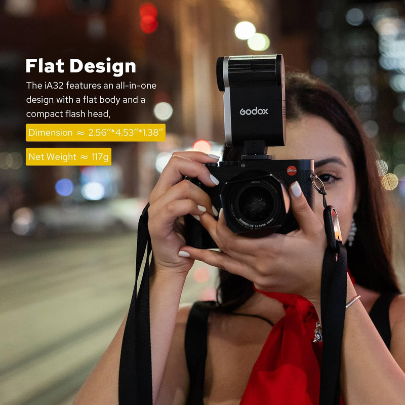 Godox iA32 Flash for Canon/Sony/Fujifilm/Nikon/Panasonic/Olympus | Angle Adjustable, Flat Design, GN15 with 8 Levels Flash Power, CCT 6200K±200K Flash, GODOX iA 32 Camera Flash Speedlite