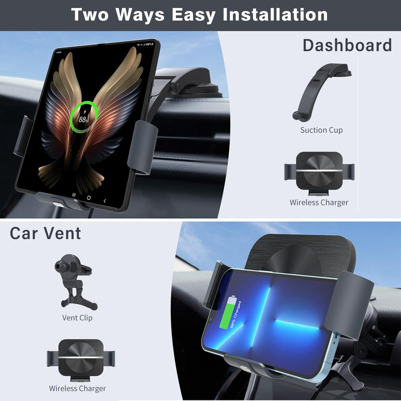 Wireless Car Charger Phone Mount for Galaxy Z Fold 5/4/3/2/S22 Ultra, Dual Coil 10W Fast Charging Auto-Clamping Car Air Vent Dashboard Phone Mount for Galaxy Z Fold/Note (Black) Black