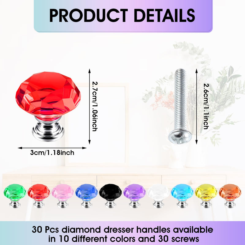 30 Pcs Colorful Crystal Drawer Knobs, 30mm Glass Dresser Knobs Cabinet Diamond Shape Pulls Handle for Wardrobe, Kitchen, Bathroom, Cupboard(10 Colors)