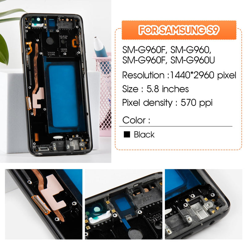 [For S9, NO Fingerprint] Screen Replacement for Samsung Galaxy S9 with Frame, 5.8" G960U G960F Incell LCD Digitizer Touch Screen Assembly Full Repair Tool Kit (IMPORTANT: Fingerprint ID Not Supported)