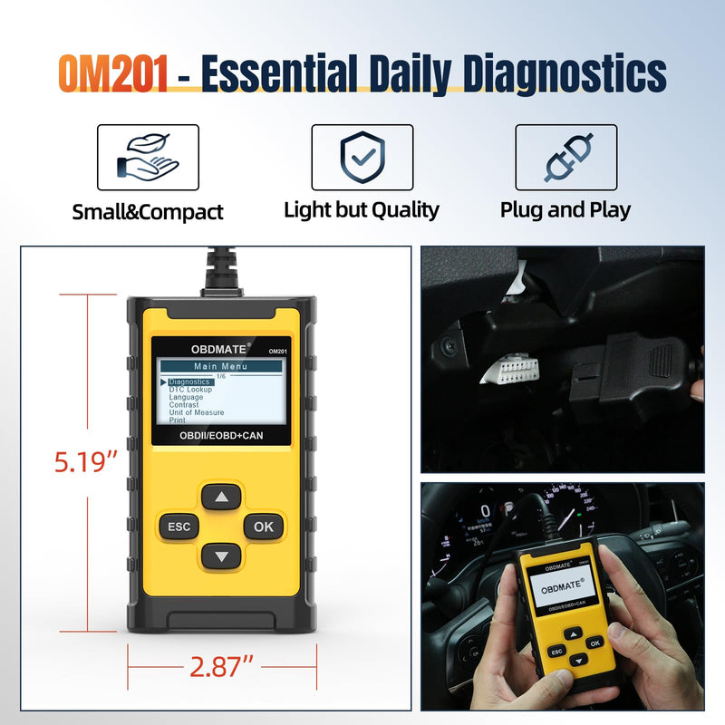 Car Scanner, OM201 Check Engine Code Reader OBDII Diagnostic Tool with Wireless Printing | Graphic Live Data| EVAP Test | DTC Lookup, Yellow