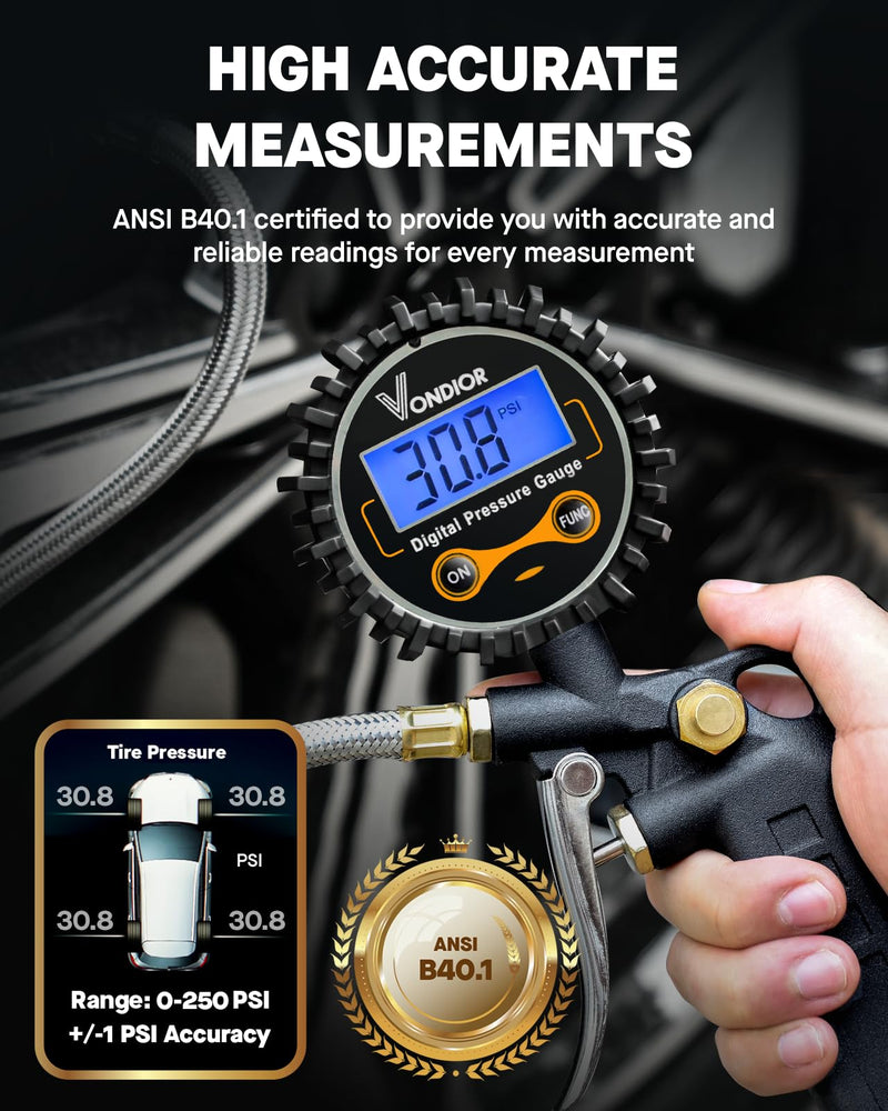 Vondior Digital Tire Pressure Gauge with Inflator, 250 PSI Heavy Duty Air Chuck with Tire Tread Depth Gauge, Stainless Steel Braided Hose with Quick Connect Coupler, Car Accessories 3-250PSI Tire Inflator Gauge