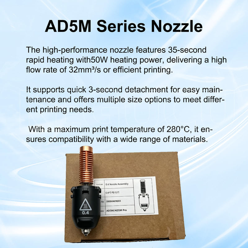 1 PK Original 0.4mm AD5M Nozzle for Flashforge AD5M/AD5M Pro, 280℃ AD5M High Flow Hotend with 32mm³/s and 3-Second Quick Release, OEM Replacement Part for flashforge AD5M Accessories 0.4mm AD5M Series Nozzle