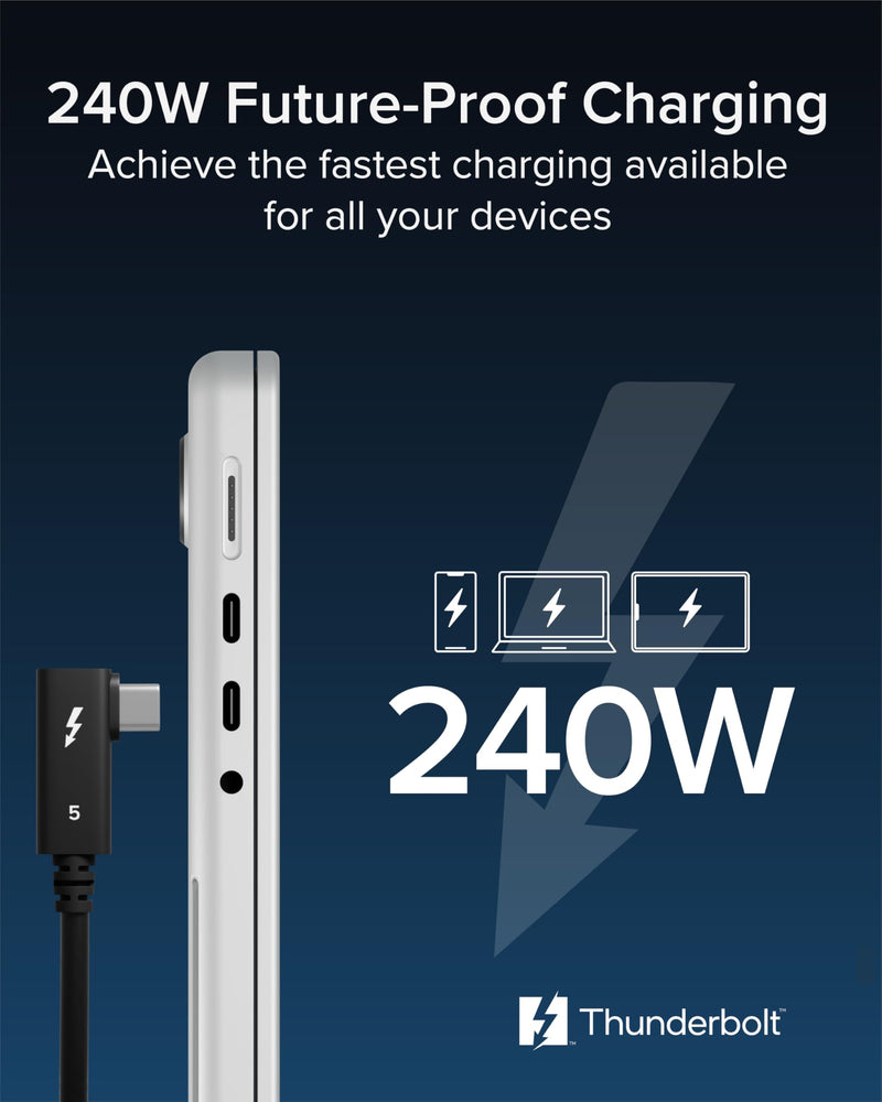Plugable Thunderbolt 5 Cable Right Angle 80Gbps 240W Charging [Thunderbolt Certified] Up to 120Gbps Bandwidth Boost for Laptops & Docks Works with Thunderbolt 4/3 USB4 USB C, 2.6ft (80cm) TBT5-240W80R