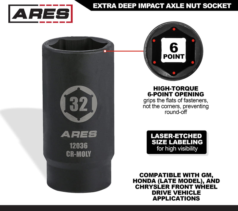 ARES 12036-32MM Axle Nut Socket - 6 Point Socket - Extra Deep 1/2-Inch Drive Impact Socket for Easy Removal of Axle Shaft Nuts 6-Point Socket 32mm