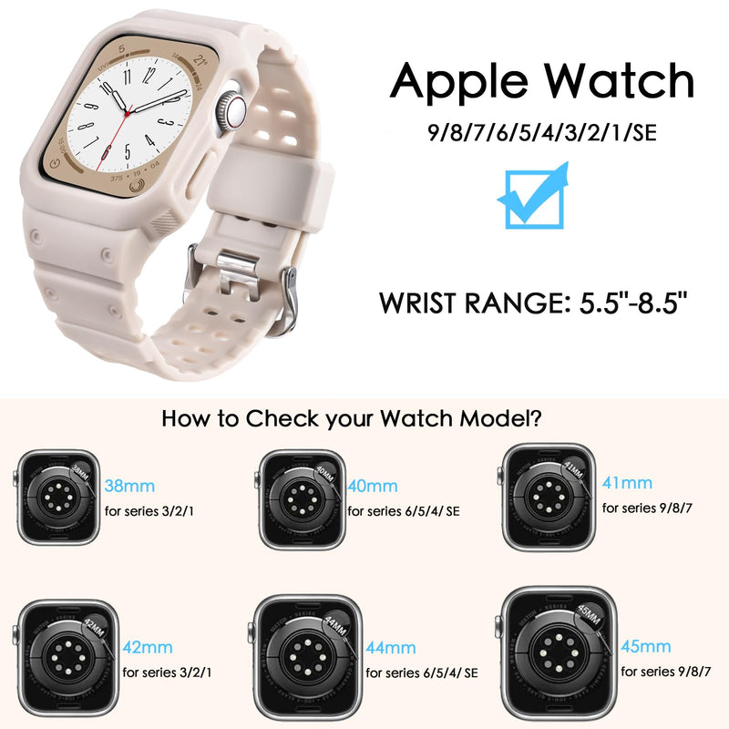 Apple Watch Bands for Women Men Rugged Bumper, Apple Watch Band 45mm 44mm 42mm 41mm 40mm 38mm, Apple Watch Band with Case for Series 9 8 7 6 SE 5 4 3 2 1 Water Sweat Shock-Proof Sport Starlight 42mm/44mm/45mm