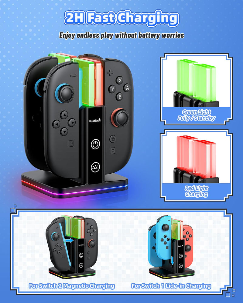 FASTSNAIL Switch Controller Charger for Nintendo Switch 2/1/OLED for Joycon | 8 in 1 Fast Controller Charging Dock, Dual-Direction Magnetic Charger Station Stand, 9 RGB Light for Joycon 2/1 Accessories Carbon Black 6.2/7.0/7.9 inch