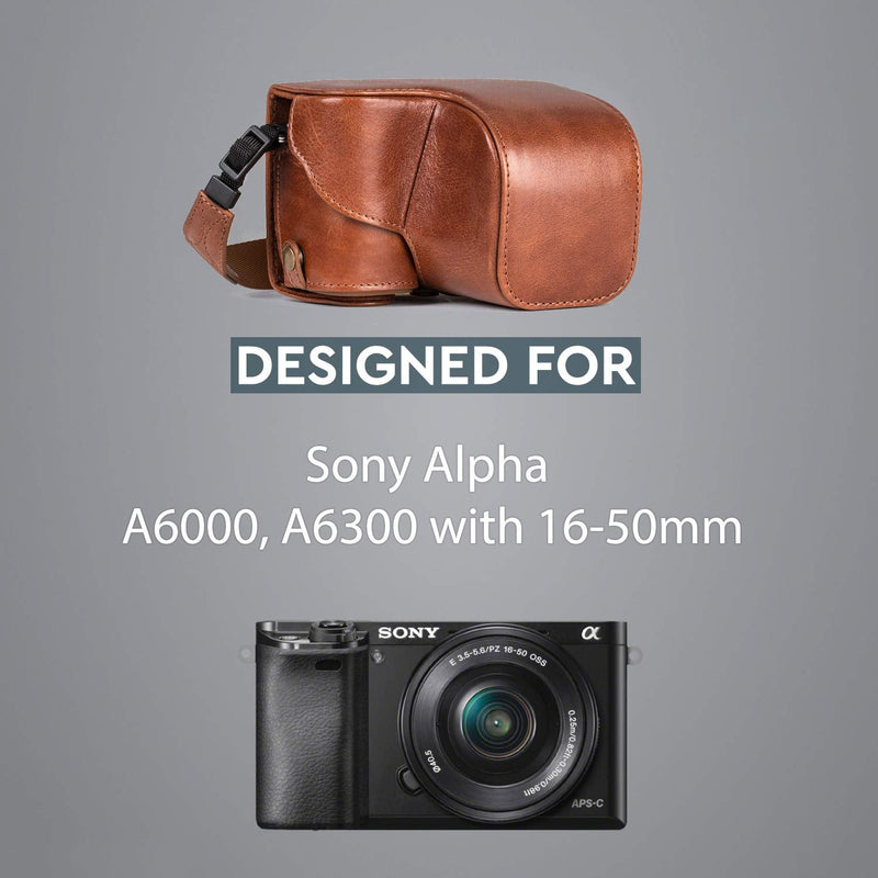 MegaGear Ever Ready MG559 Genuine Leather Camera Case, Bag for Sony Alpha A6000, A6300 with 16-50mm (Dark Brown) One Size Dark Brown