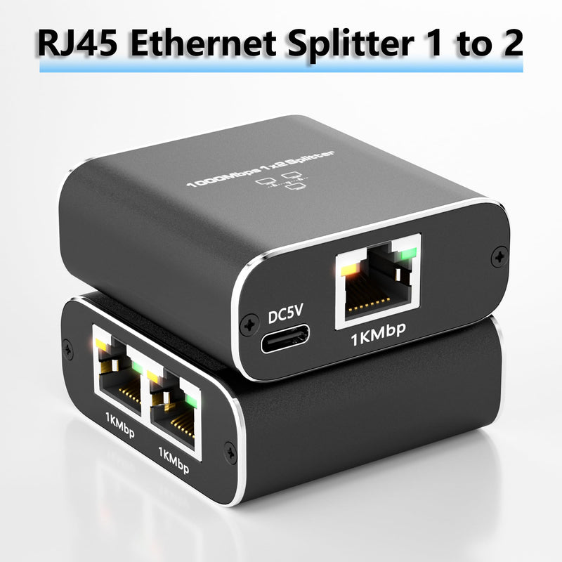 Ethernet Splitter 1 to 2 Out Adapter, High Speed RJ45 Splitter with USB Power Cable, Gigabit LAN Internet Distributor 1 to 2 Connector, 1000Mbps for Cat5/5e/6/7/8, 2 RJ45 Simultaneously Networking