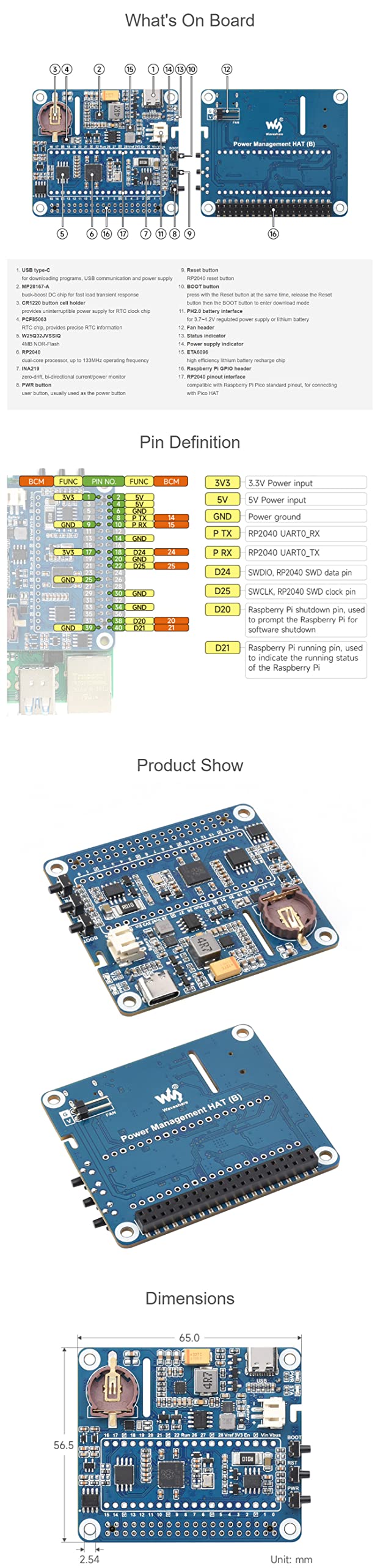 Power Management HAT for Raspberry Pi Series Board, Onboard RTC & Buck-Boost DC Chip,Supports Charging and Power Output at The Same Time